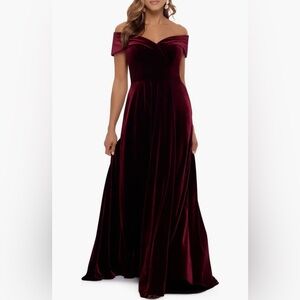 Xscape Evenings Off the Shoulder Burgundy Velvet Gown NWT